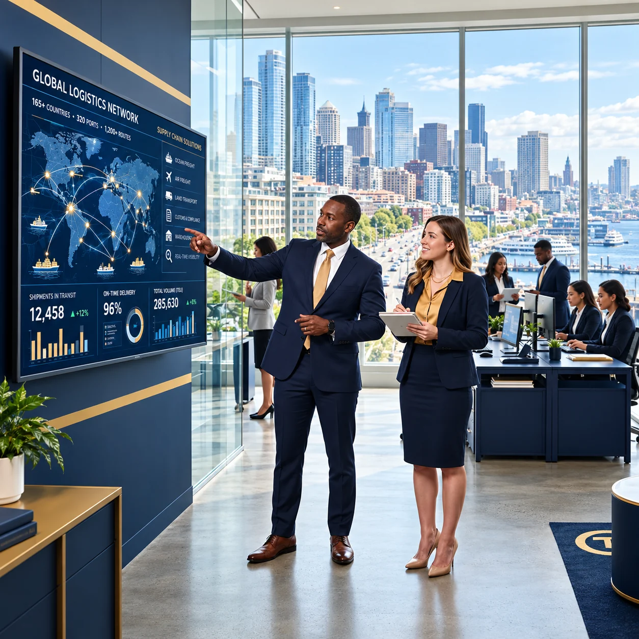 Business professionals reviewing international market information