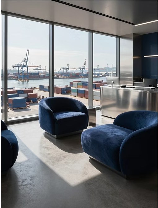 Contemporary business setting with a view of an international port